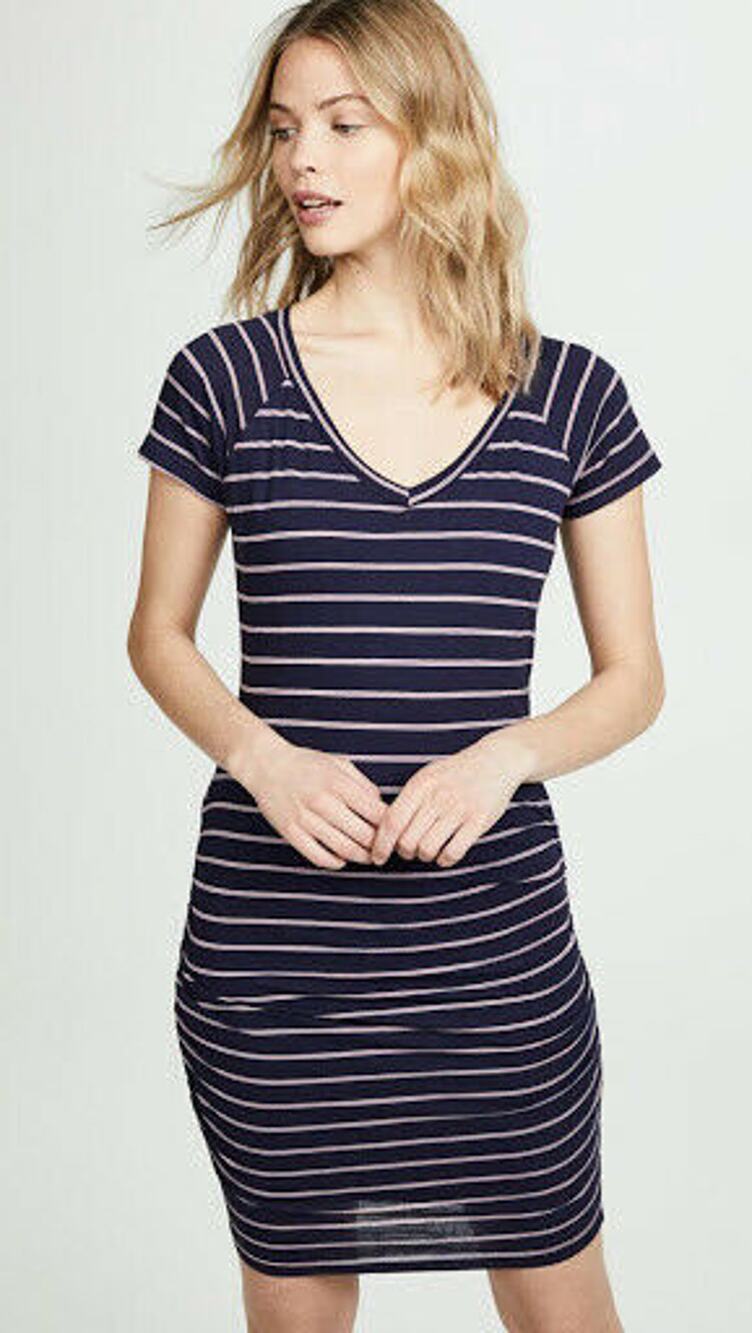 Sundry Striped Short Sleeve Dress Ruched Bodycon 1 Blue Pink V-Neck